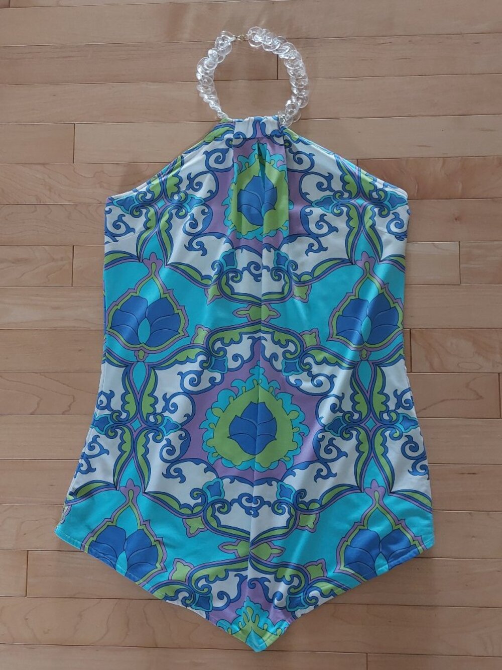 VNTG Y2K Cache Psychedelic Halter Top Handkerchief Hem Lucite Chain Sz M